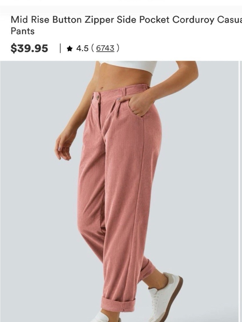 Halara Mid-Rise Corduroy Casual Pants - Dusty Rose size L NWT